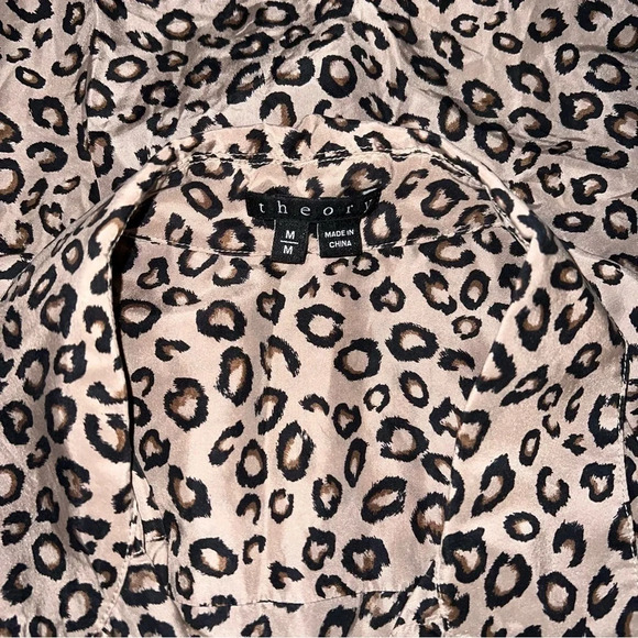 THEORY 100% Silk Blouse Brown/Black Leopard Print Shirt Collar Button Sleeveless - Picture 5 of 5